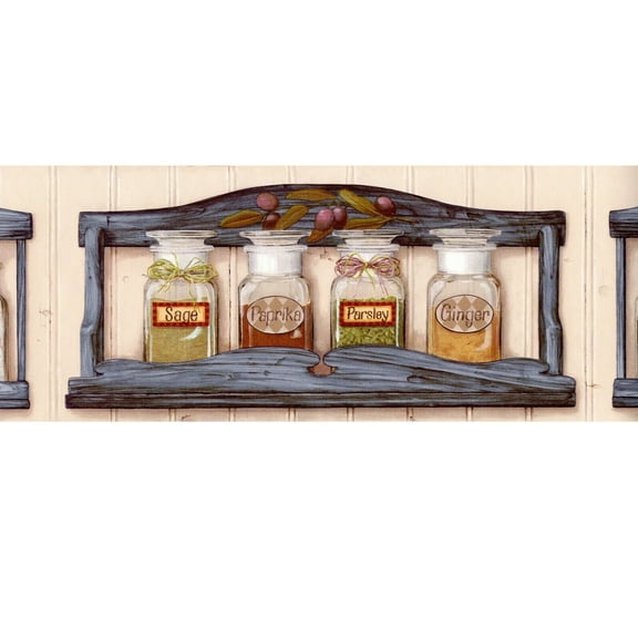 Trimz Kitchen Essential Spices Rack Wallpaper Border, Pre-pasted, 15' L x 6.875"W