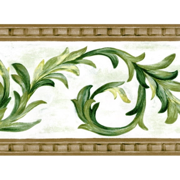 TRIMZ, Botanical Leaf Scroll, Wallpaper Border, Pre-pasted, 15 ft L x 5 in W, Beige, Green, White