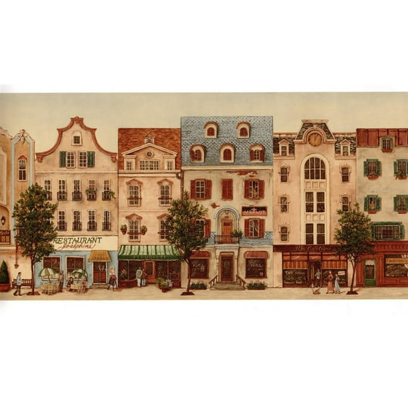 Trimz Mainstreet Bulding Town Cafe Bistro Prepasted Wallpaper Border, 15' L x 8.5" W