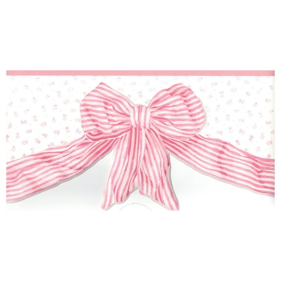 Trimz Pink Striped Bows Wallpaper Border -  Pink, White 15' L x 9" W