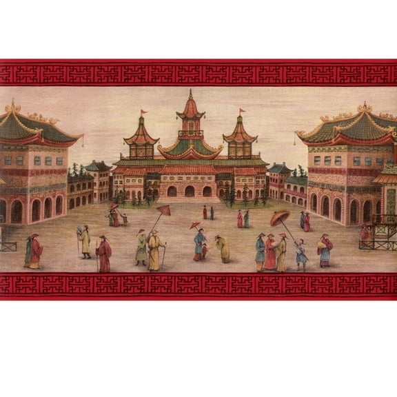 Trimz Red Pagoda Oriental Chinoiserie Wallpaper Border, Pre-pasted, 15' L x 10.25"W