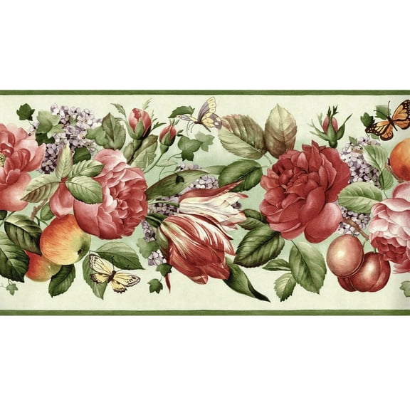Trimz Red Roses and Butterfly Leaves Wallpaper Border, Pre-pasted, 15' L x 9.25"W