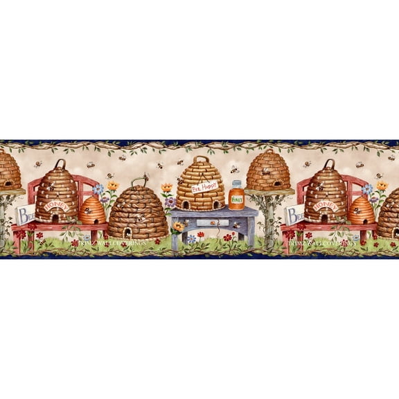 Trimz Rustic Beehive Honey Sunflower Wallpaper Border - 15 feet, Rustic Beehive Honey Sunflower Wallpaper Border - 15 feet, Pre-pasted - Brown, Blue - Kitchen Wall Dcor