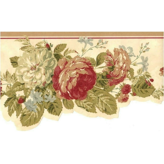 TRIMZ Cottage Roses Wallpaper Border, Vintage Burgundy and Cream Floral with Green Leaves, Scalloped Edge, Removable Bedroom or Living Room Wall Decor, 15 ft x 6.7 in