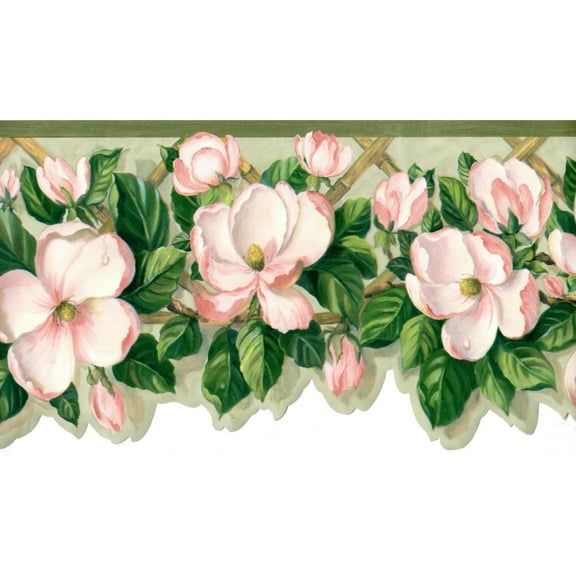 Trimz Scalloped Pink Flower Green Leaves Wallpaper Border, 15' L x 9.75"W