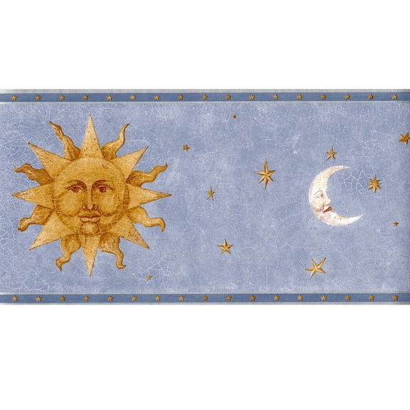 Trimz Sun and Moon Celestial Wallpaper Border, Blue Silver Trim, 15' L x 9" W