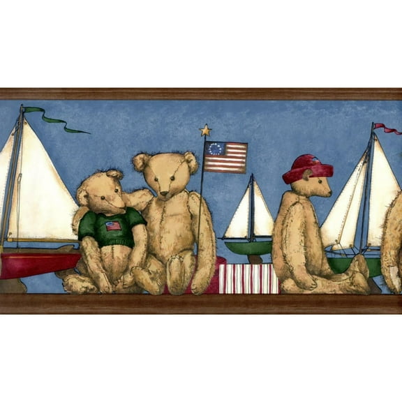 Trimz Teddy Bear Sailboat with American Flag Wallpaper Border, Pre-pasted Walls Decor, Length 15 ft