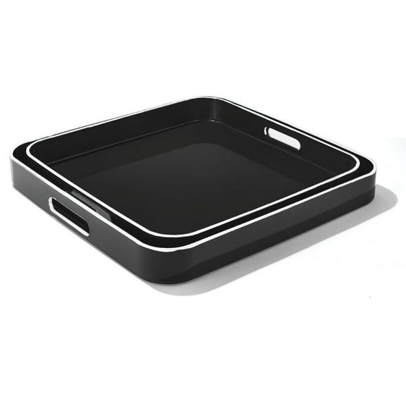 Trina Turk, Black with Silver Rim Polypropylene Square Serving Tray with Handles, Set of 2