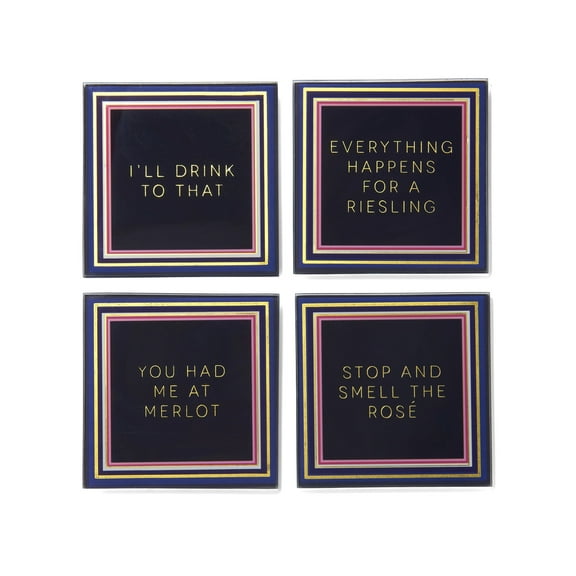 Trina Turk, Square, Blue and Gold Rim, Glass Word Coasters for Drinks (Wine Enthusiast), Set of 4, 4"