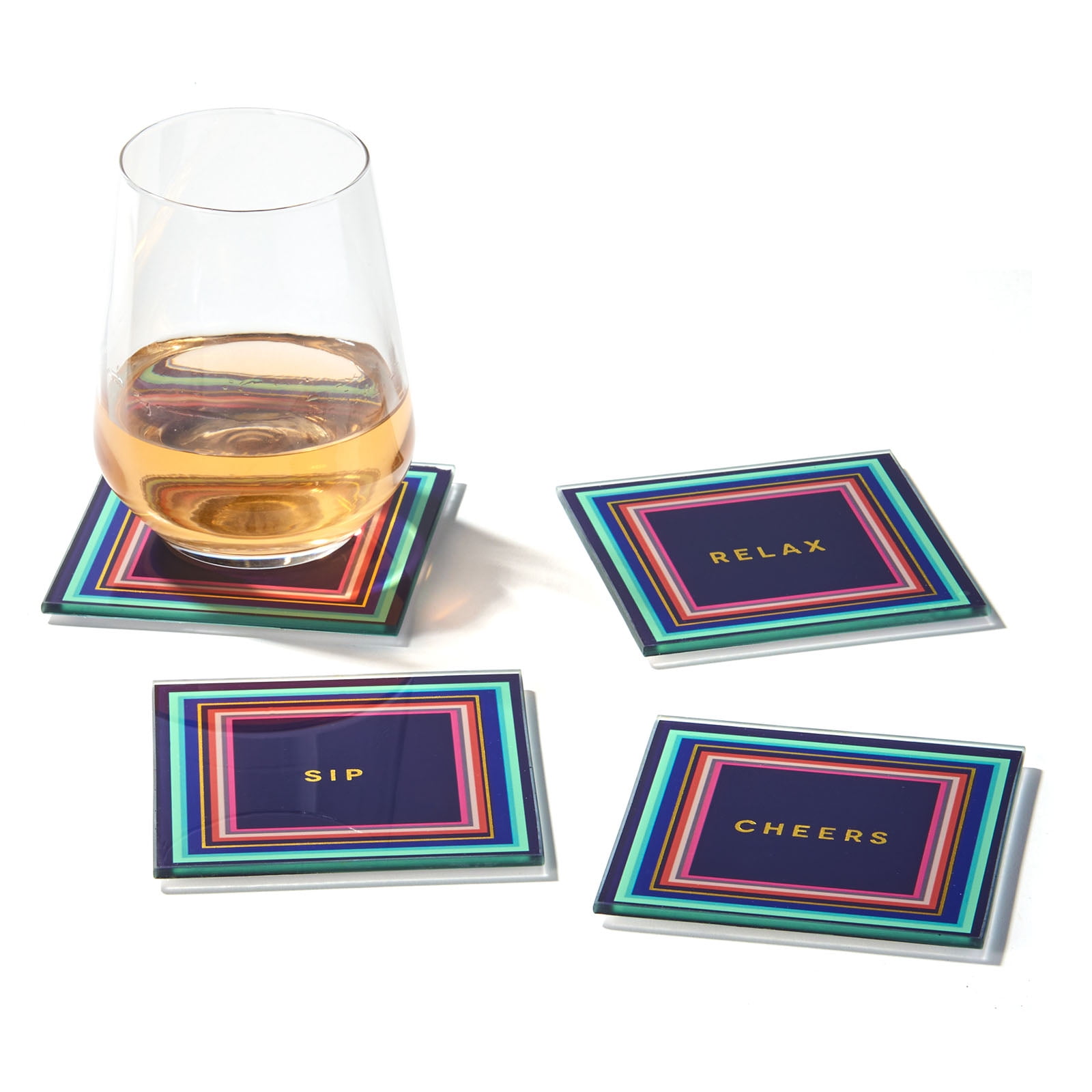 Colorful Glass Square Coaster Set with Fun Phrases, 4 Pieces