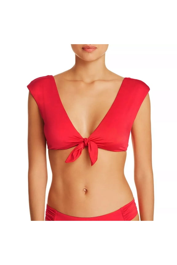 Women's Getaway Tie Front Solids Cap Sleeve Swim Bikini Top-Red / 10