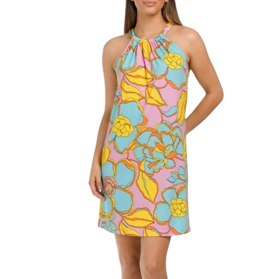 Trina Turk Women's Juju Floral Print Halter Neck Mini Dress (Blue, L)