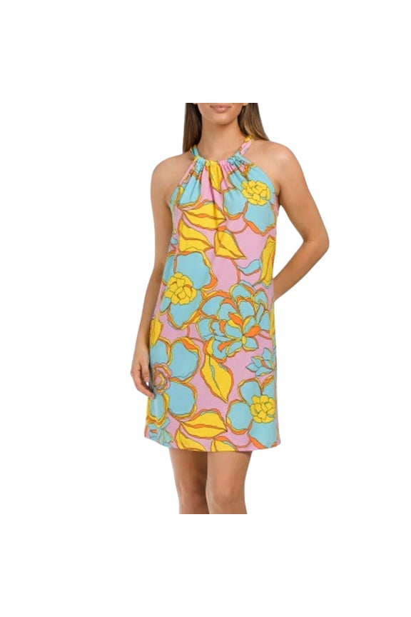 Women's Juju Floral Print Halter Neck Mini Dress (Blue, S)