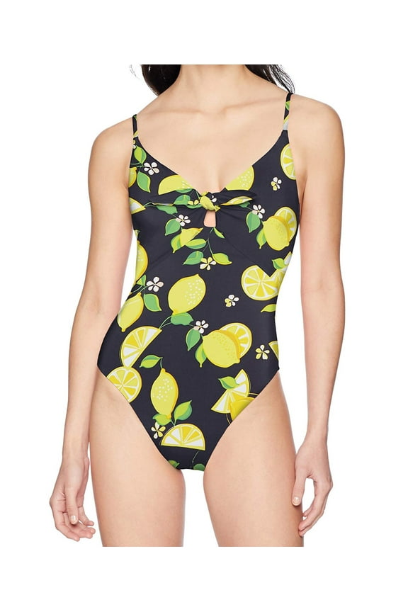 Women's Standard High Leg Tie Front One Piece Swimsuit, Midnight//Lemon Love, 14