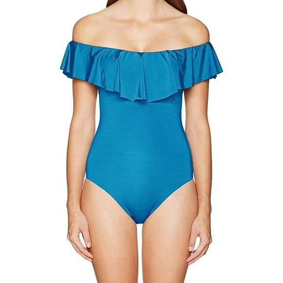 Women's Standard Off Shoulder Ruffle One Piece Swimsuit, Midnight/Navy/Key Solids, 8