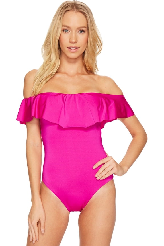 Women's Standard Off Shoulder Ruffle One Piece Swimsuit, Orchid/Key Solids, 4