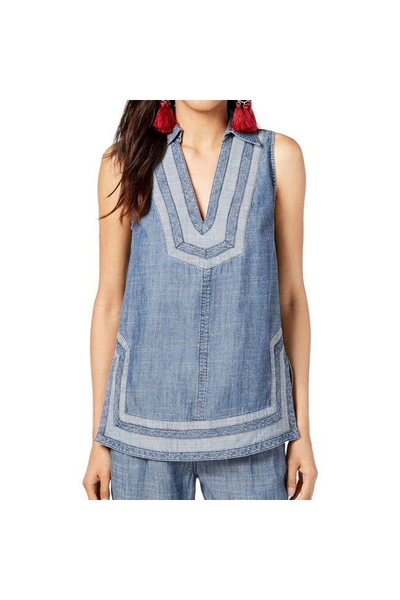 Womens Contrast Trim Sleeveless Blouse Top, Blue, Medium