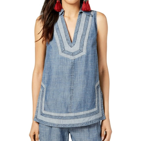 Trina Turk Womens Contrast Trim Sleeveless Blouse Top, Blue, Medium