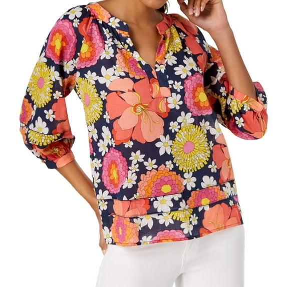 Trina Turk Womens Floral Print Peasant Blouse, Orange, Small