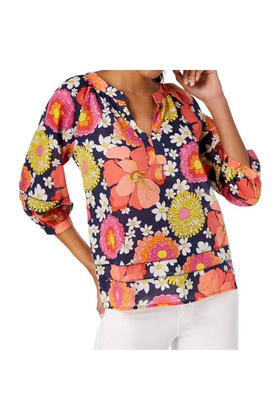 Womens Floral Print Peasant Blouse, Orange, Small