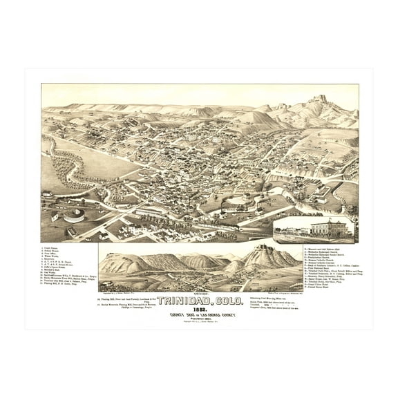Trinidad Art, 1882 Vintage Map of Trinidad Colorado, CO History Wall Decor Gift, Old Trinidad Map - 24" x 18" Unframed Print