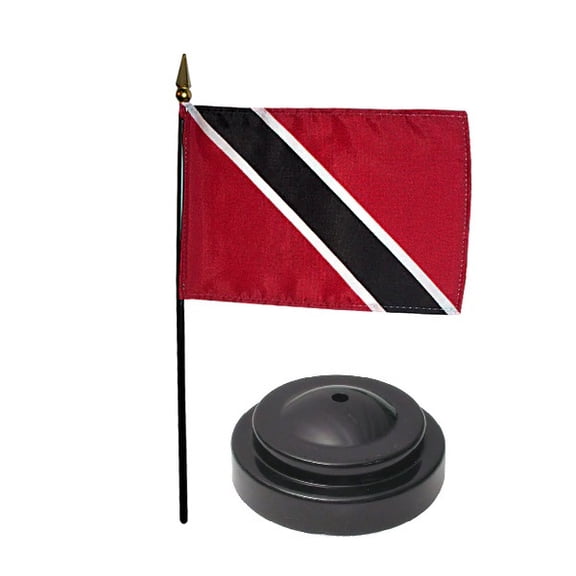 Trinidad and Tobago Desk Flag with Base; American Made Rayon 4x6 inch Miniature Table Set Includes One Small Mini Country Stick Flags and One Black Stand (Trinidad and Tobago Desk Flag and Base)