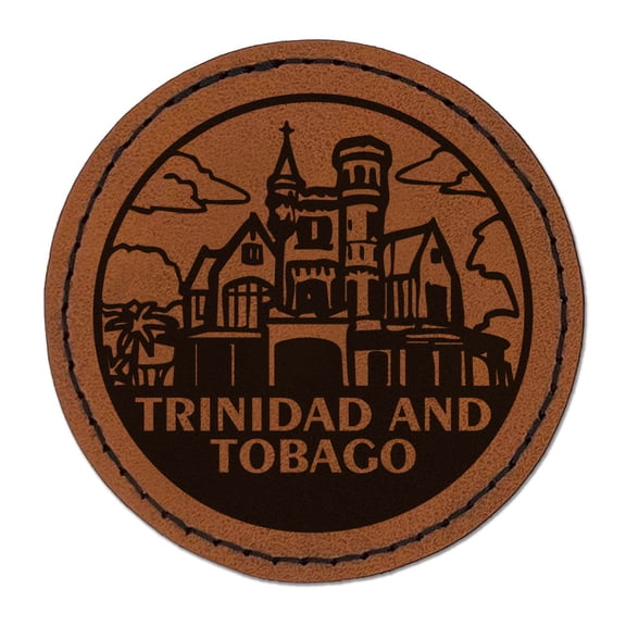 Trinidad and Tobago Stollmeyers Castle Country Destination Travel Landmark Round Iron-On Engraved Faux Leather Patch Applique - 2.5 Inch - Brown