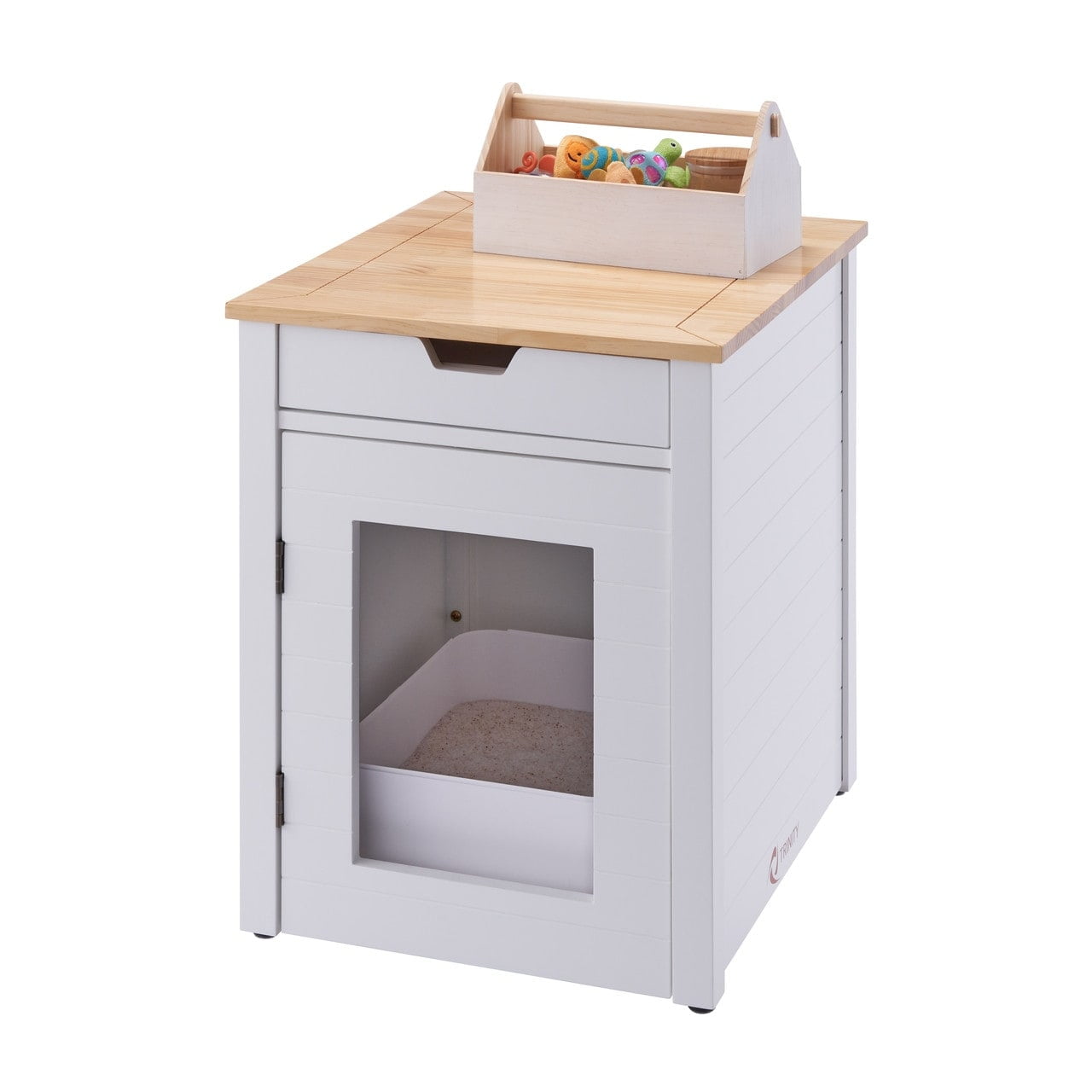White and Natural Wood Cat Litter Box Enclosure End Table with Drawer