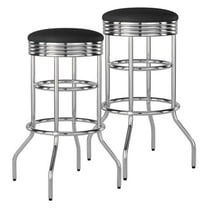 Trinity 30 Inch Double Ring Faux Leather Swivel Bar Stools, 2 Pack, Chrome