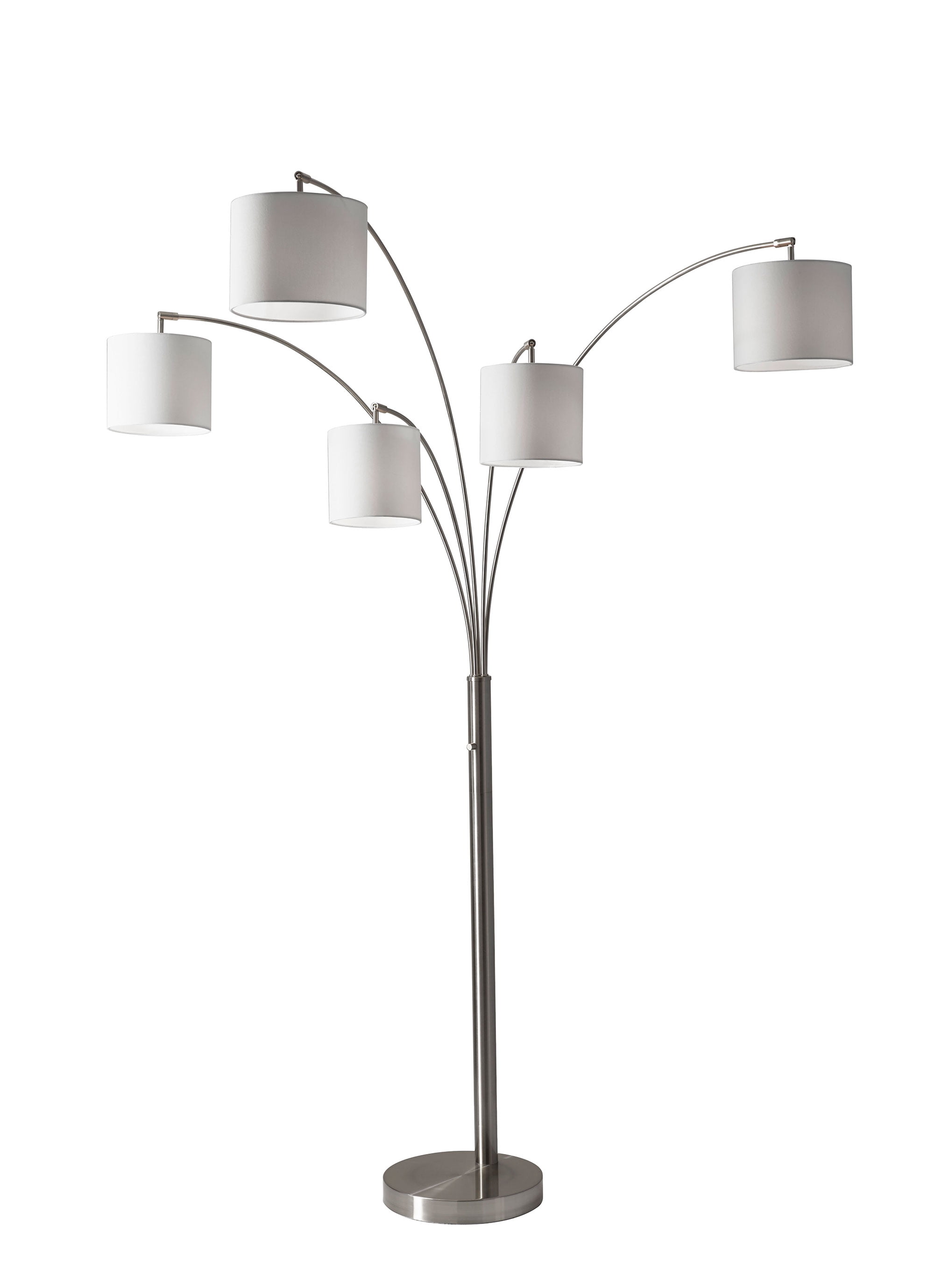 Trinity 5-Arm Arc Lamp in Brushed Steel with White Shades