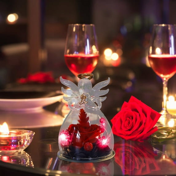 Trinity Angel Preserved Flower Box with LED Light - Exquisite Immortal Flower Gift for Loved, Romantic Home Decor with Blessings, Valentine's Day, Year of The Horse Premium Present, 2.9*4.1in