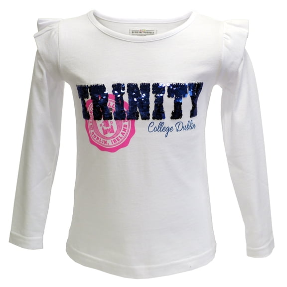 Trinity College Big Girl's White Trinity Sequin Kids Long Sleeve Top with Ruffled Shoulder