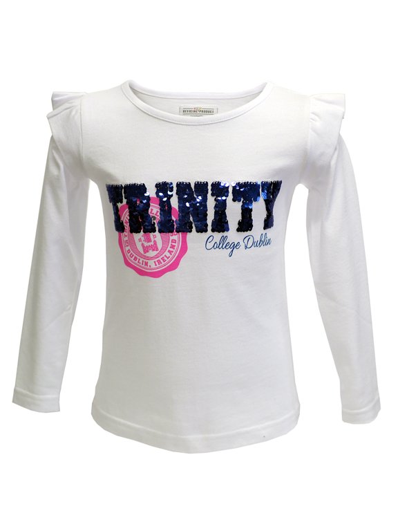 Big Girl's White Trinity Sequin Kids Long Sleeve Top with Ruffled Shoulder