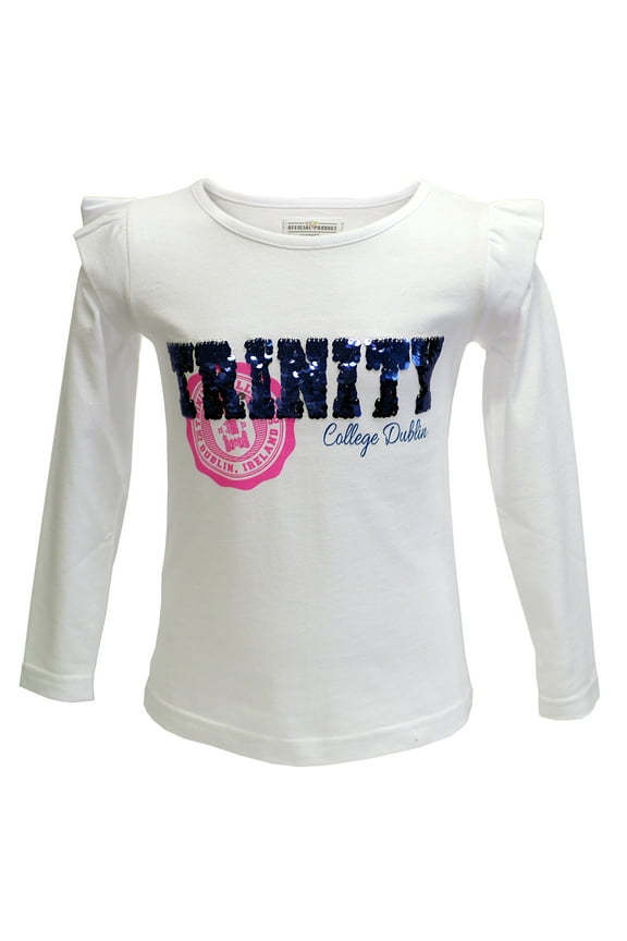 Big Girl's White Trinity Sequin Kids Long Sleeve Top with Ruffled Shoulder