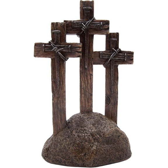 Trinity Nail Crosses on Rock Statue, 11 Inch, Spiritual Decor, Religious Crucifixion Sculpture for Home