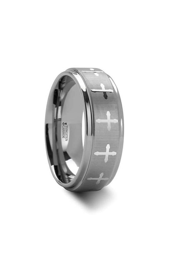 Trinity Raised Center With Engraved Crosses Mens Tungsten Carbide Wedding Band