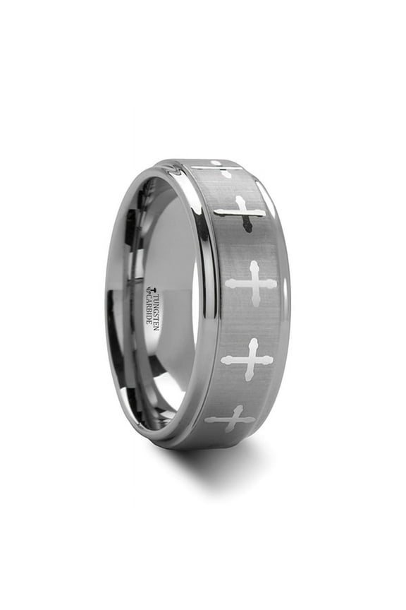 Trinity Raised Center With Engraved Crosses Mens Tungsten Carbide Wedding Band