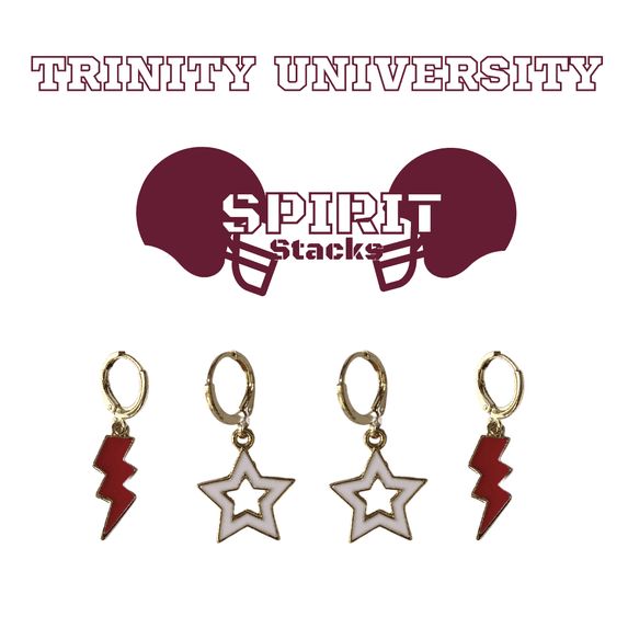 Trinity University Spirit Stack maroon mini enamel bolts and white statement open starboys