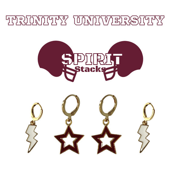 Trinity University Spirit Stack white mini enamel bolts and maroon statement open starboys