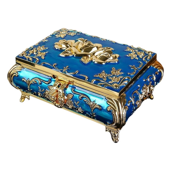 Trinket Box Floral Engraved Box Blue, Treasure Organizer Chest Decorative S