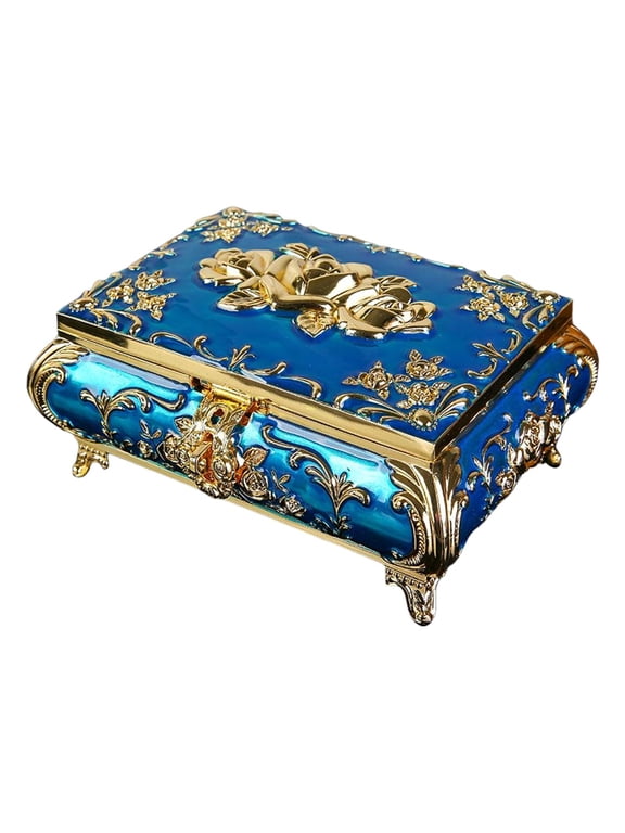 Trinket Box Floral Engraved Box Blue, Treasure Organizer Chest Decorative S