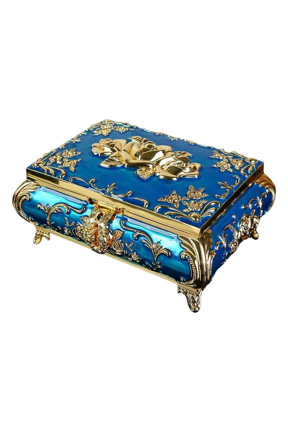 Trinket Box Floral Engraved Box Blue, Treasure Organizer Chest Decorative S