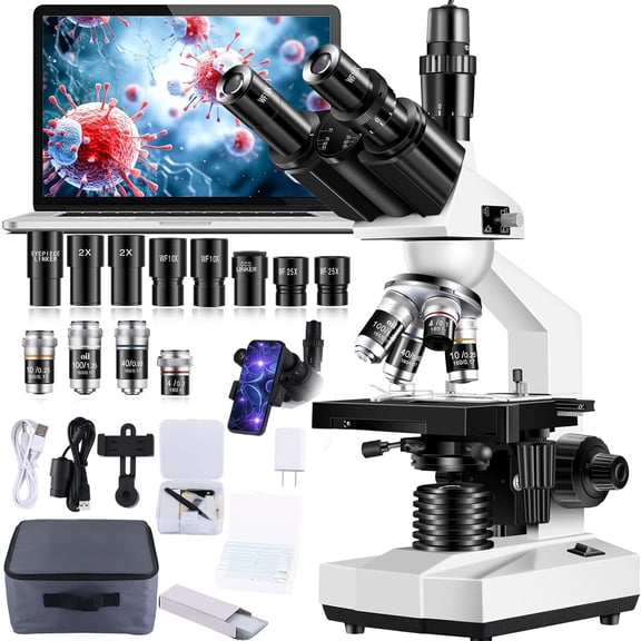 Trinocular Compound Microscope for Adults, 40X-5000X Laboratory Grade Biological Microscope with HD USB Camera and Dual Mechanical Stage, Research Kit for Lab, Medical and Advanced Science Education