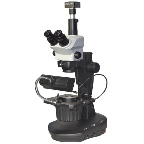 Trinocular Gem Testing Zoom Stereo Microscope 7–120× 1:9 Zoom, 115 mm WD, Dual LED, 5MP USB Camera, 10× & 20× Eyepieces