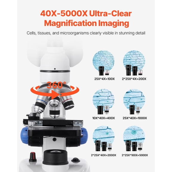 Trinocular Microscope, 40-5000X Magnification, Professional Compound Microscope for Adult with Phone Adapter, LED Light, Aluminum Alloy Body, for Lab, School, Home, Education