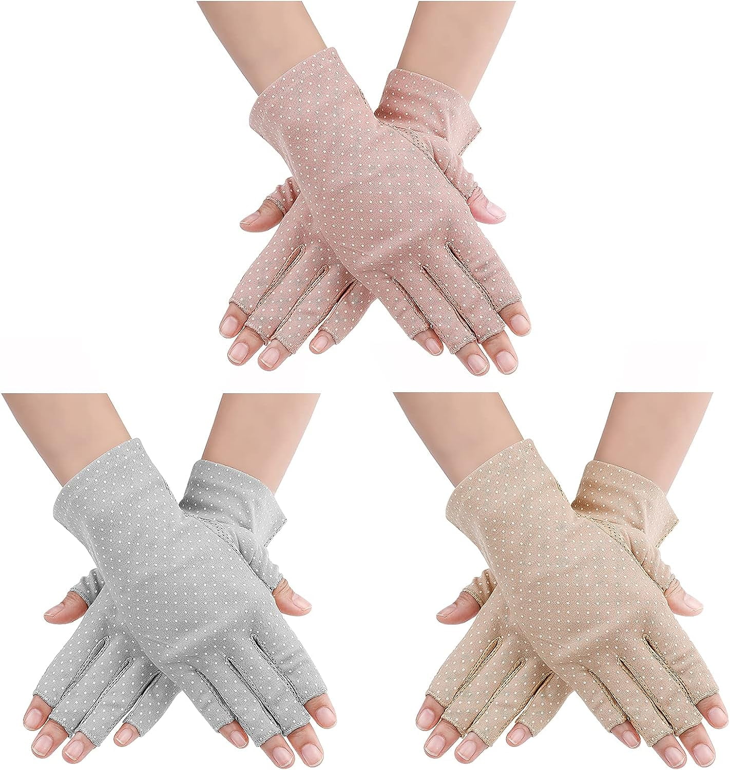 Trinyaa Women's Sunblock Fingerless Non Slip Summer Gloves, Khaki Leather Pink, 3-Pack
