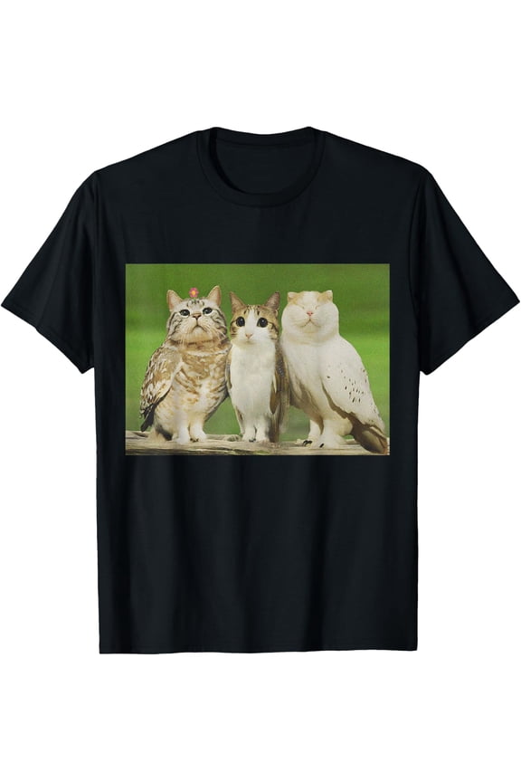 Trio Cat Owl Funny Cursed Internet Trendy Meme shirt