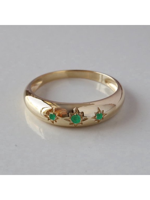 Trio Emerald Engagement Ring, Diamond Starburst Ring, 925 Sterling Silver Gold Plated Ring, Handmade Jewelry, Mini Dome Ring, Wedding Gift for Her