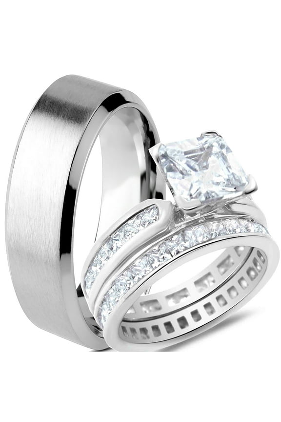 Trio Engagement Wedding Set for Him and Her Couples Rings for Men Size 13 and Women Size 7