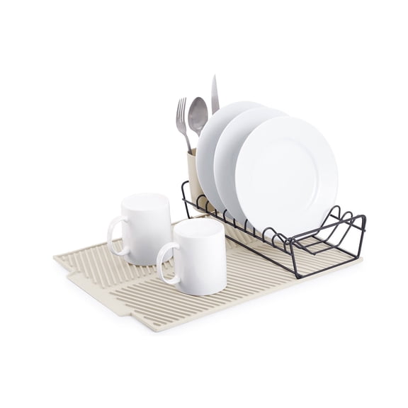 Trio Essentials 3pc Kitchen Counter Dish Drying Rack with Utensil Holder, Silicone Drying Mat,  Space-Saving Countertop Rack